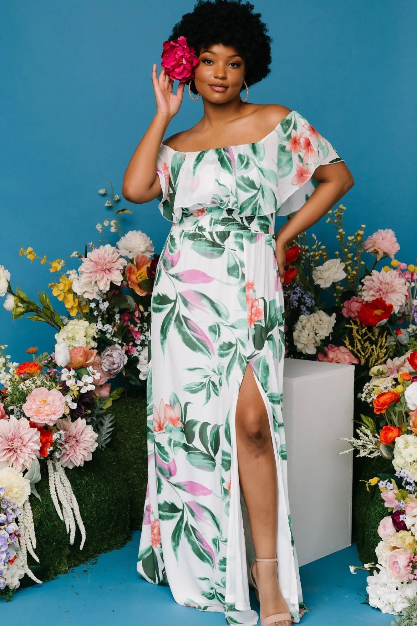 Baltic Born Daphne Off Shoulder Maxi Dress | White + Green Multi Floral