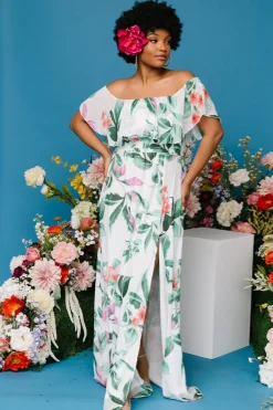 Baltic Born Daphne Off Shoulder Maxi Dress | White + Green Multi Floral