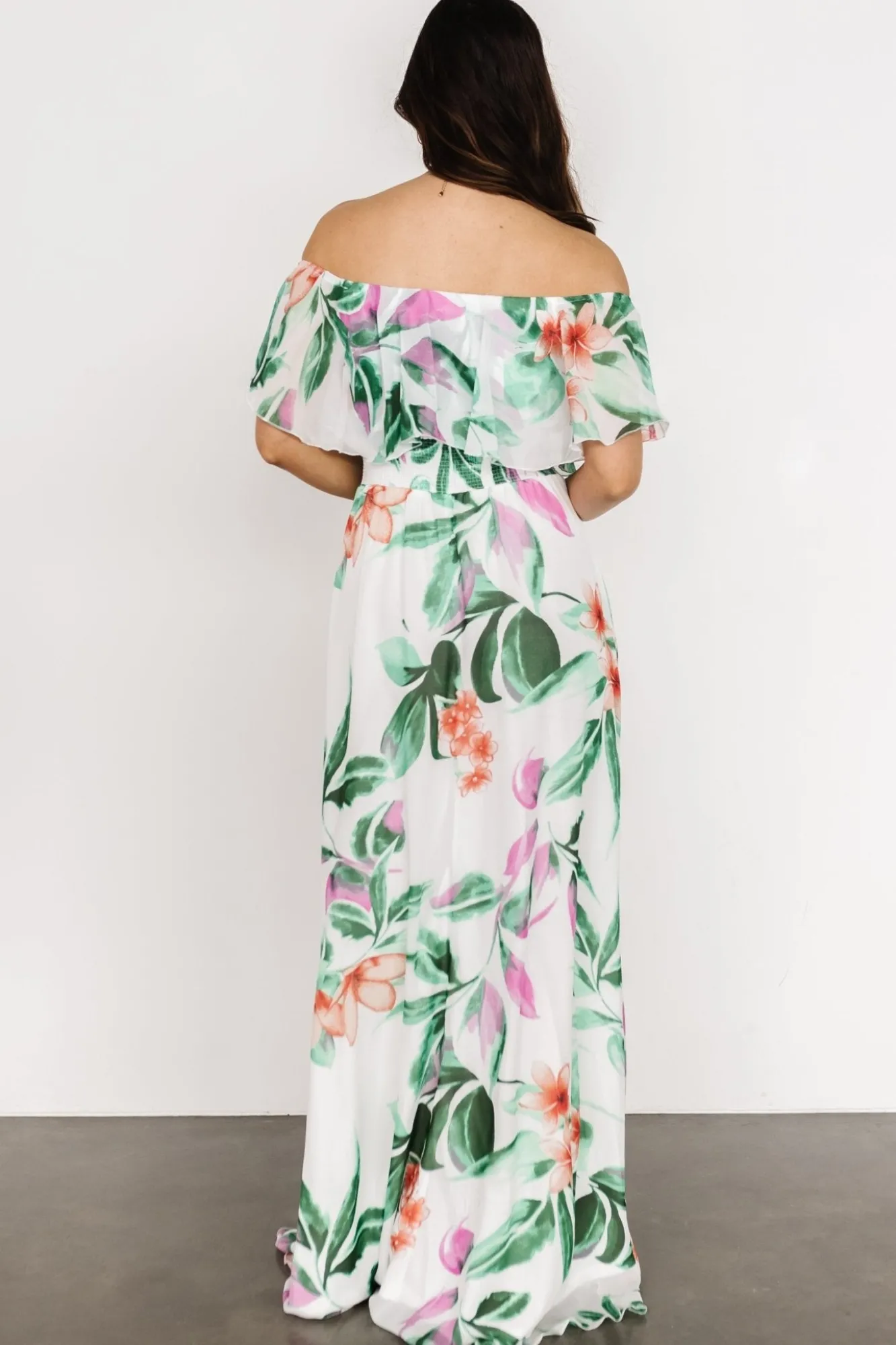 Baltic Born Daphne Off Shoulder Maxi Dress | White + Green Multi Floral