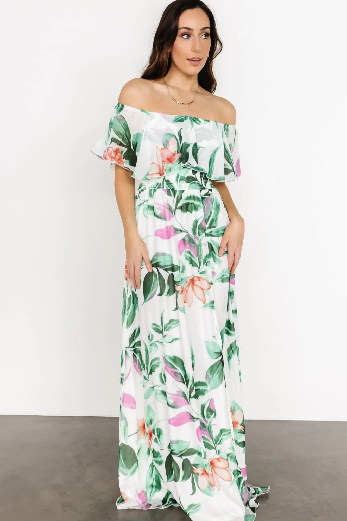 Baltic Born Daphne Off Shoulder Maxi Dress | White + Green Multi Floral