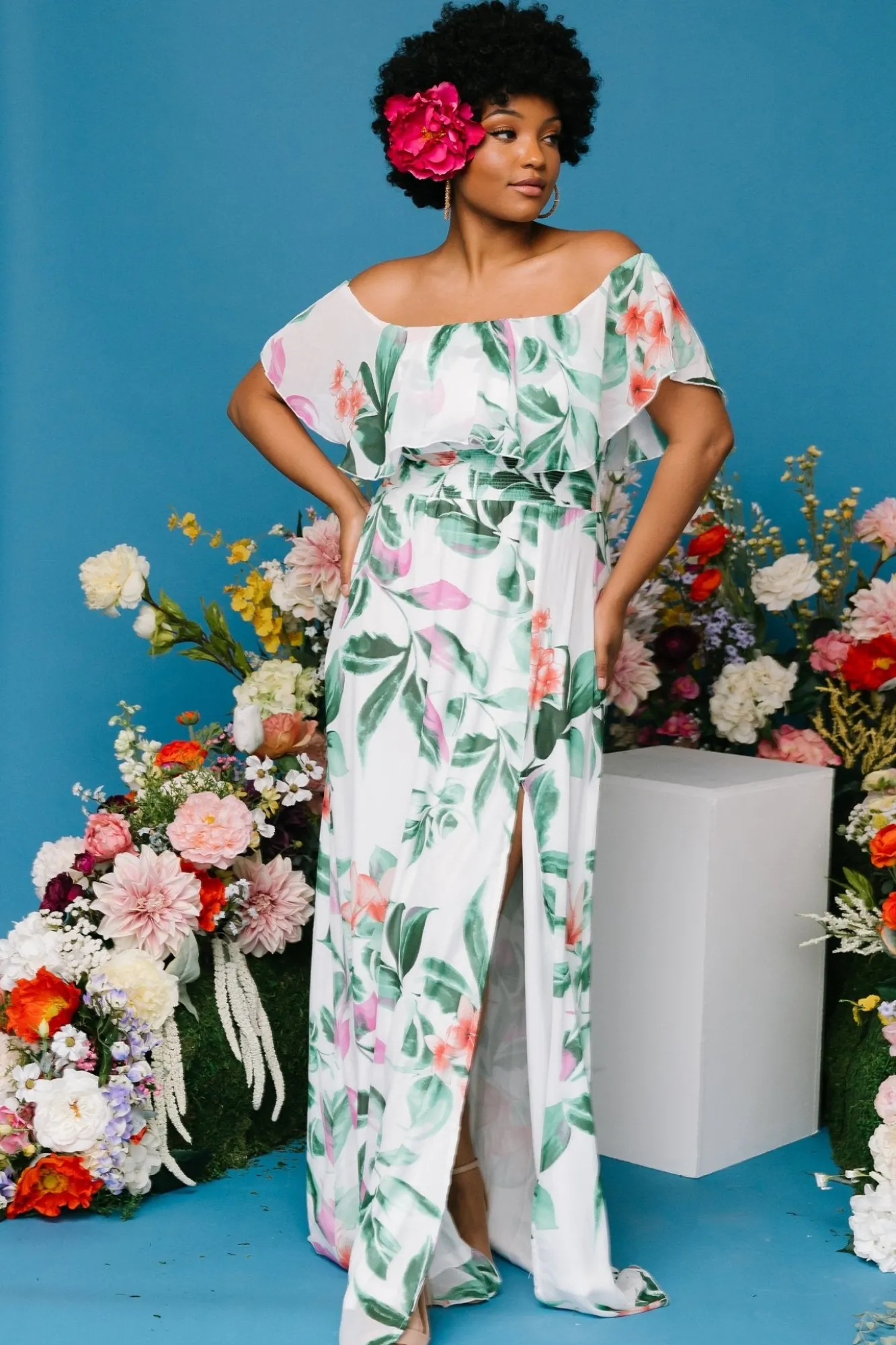 Baltic Born Daphne Off Shoulder Maxi Dress | White + Green Multi Floral