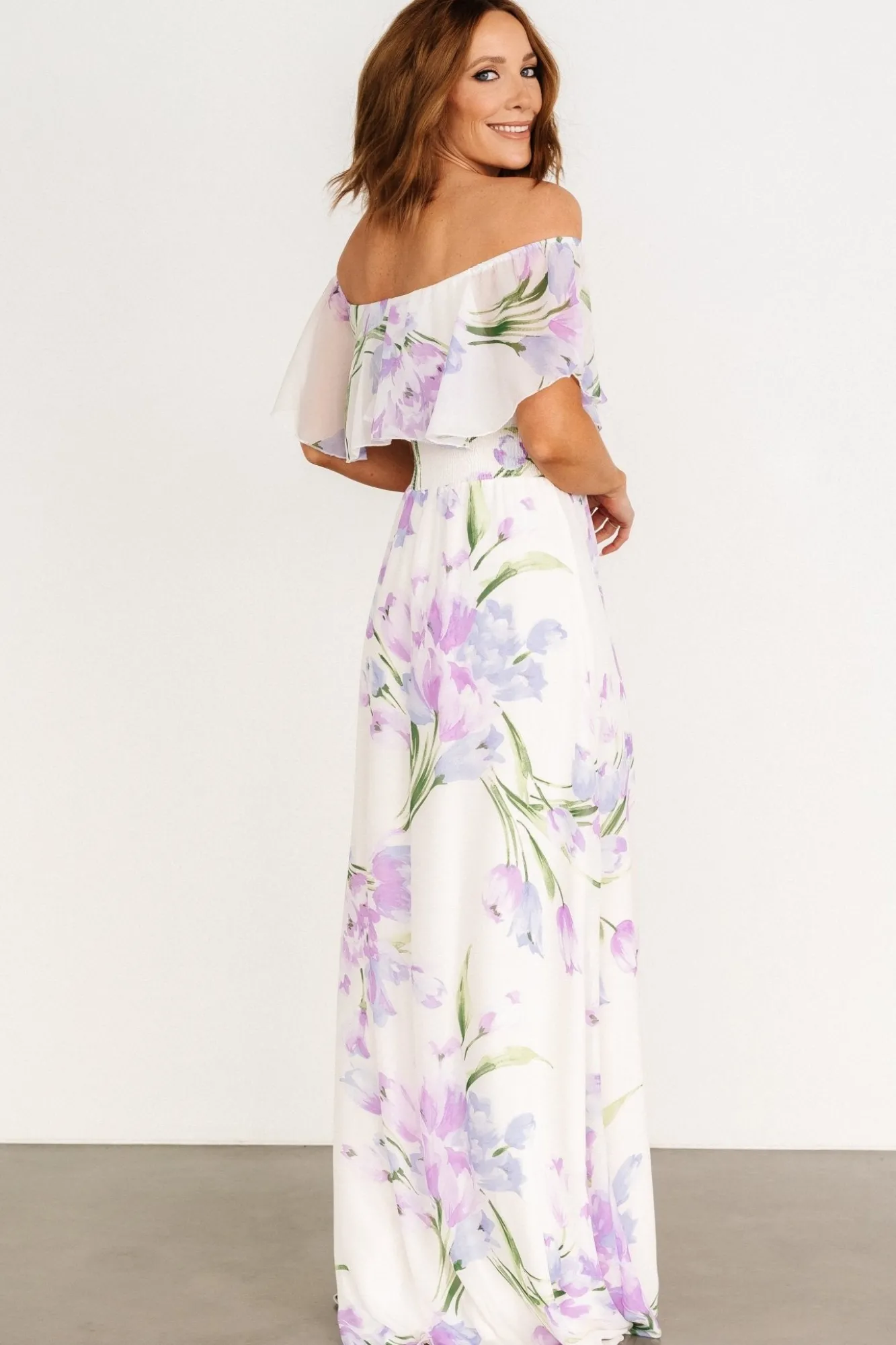 Baltic Born Daphne Off Shoulder Maxi Dress | Ivory + Lavender Floral