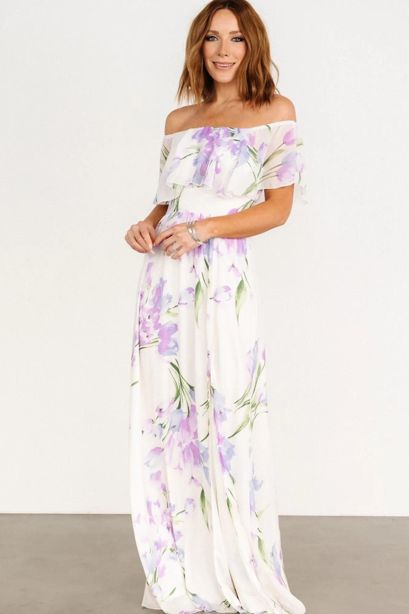 Baltic Born Daphne Off Shoulder Maxi Dress | Ivory + Lavender Floral