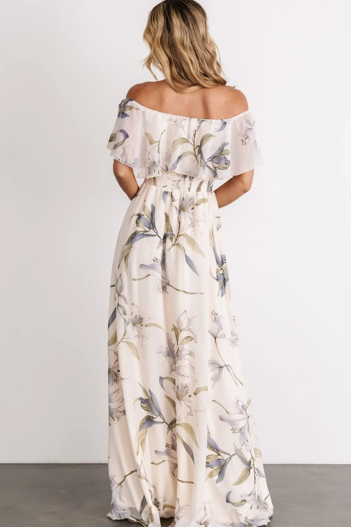 Baltic Born Daphne Off Shoulder Maxi Dress | Beige + Blue Floral