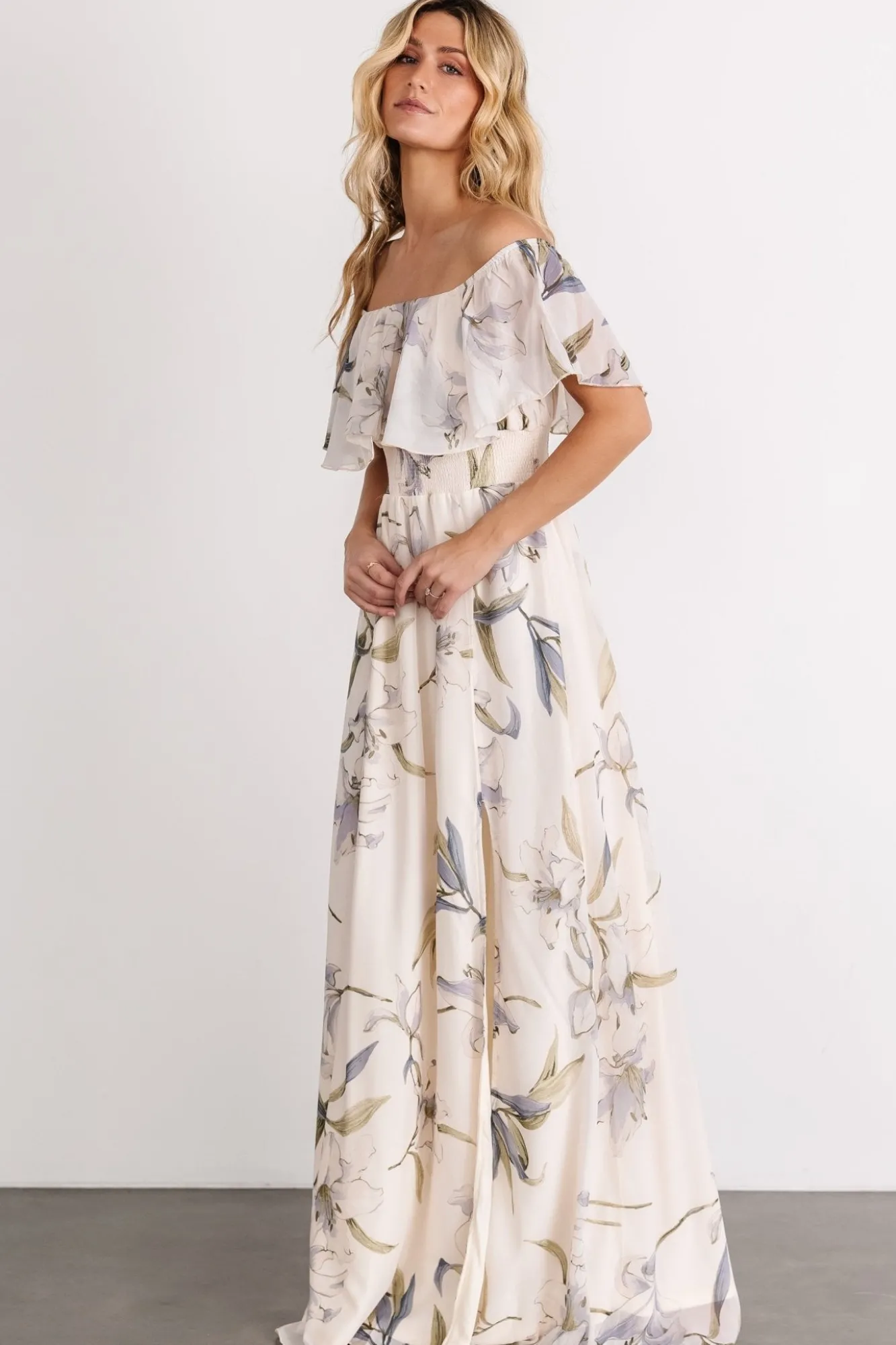 Baltic Born Daphne Off Shoulder Maxi Dress | Beige + Blue Floral