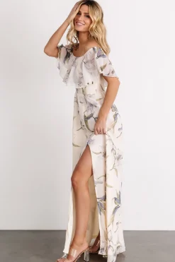 Baltic Born Daphne Off Shoulder Maxi Dress | Beige + Blue Floral