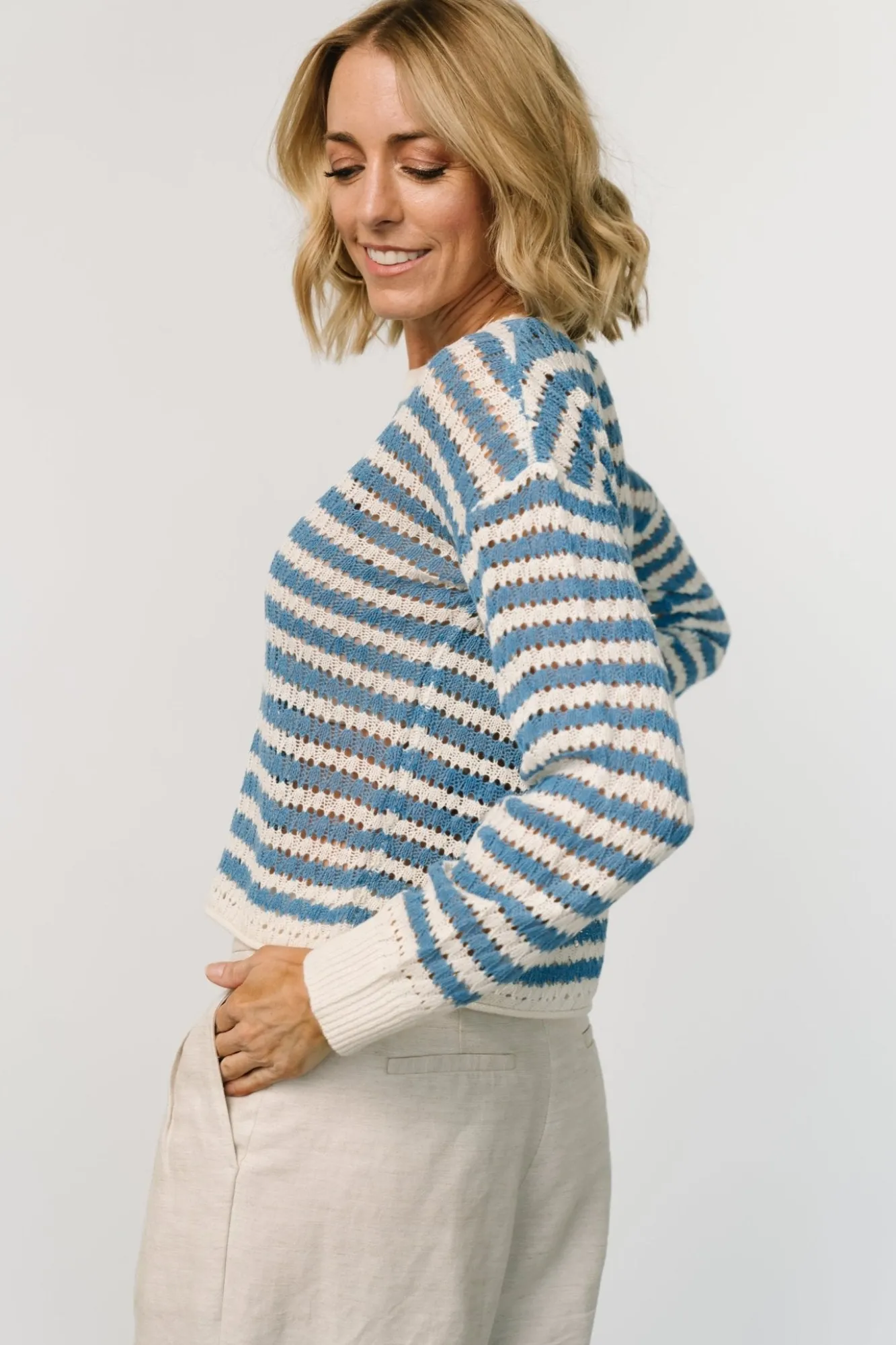Baltic Born Dawn Open Knit Top | Blue + Ivory