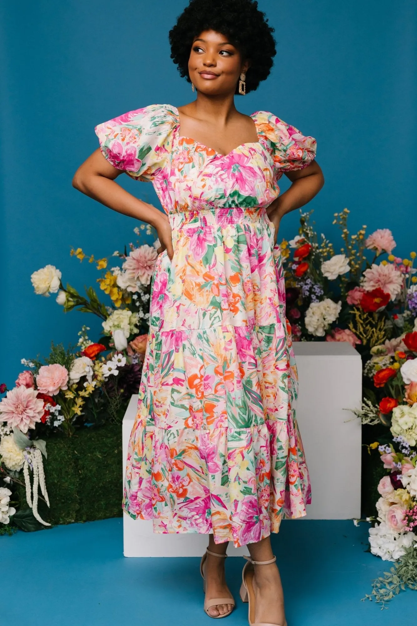 Baltic Born Denzel Puff Sleeve Midi Dress | Multi Floral