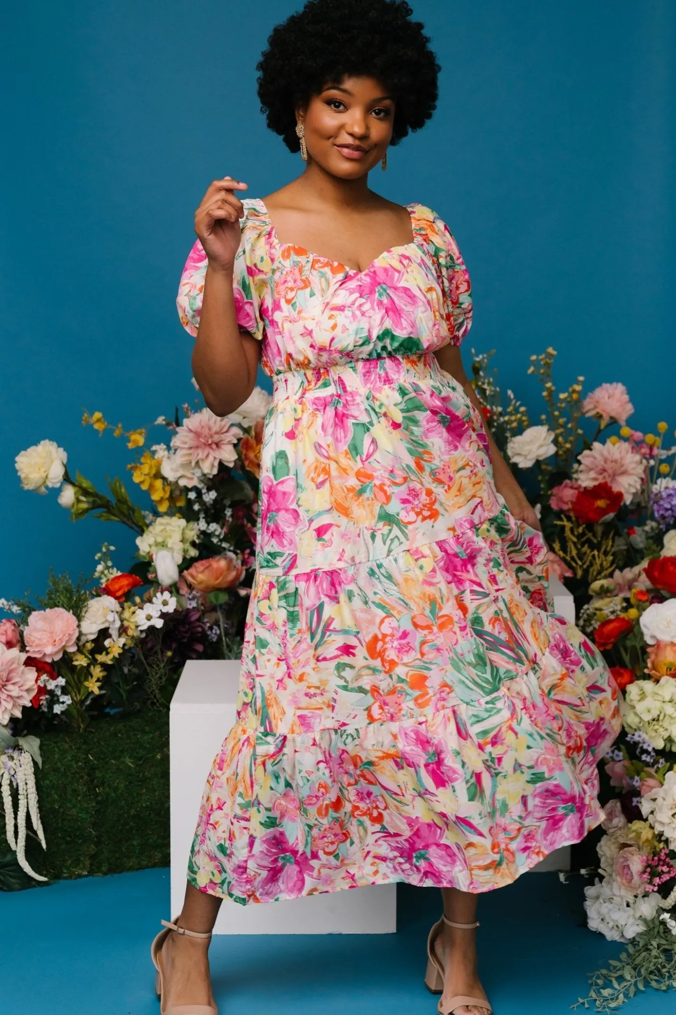 Baltic Born Denzel Puff Sleeve Midi Dress | Multi Floral