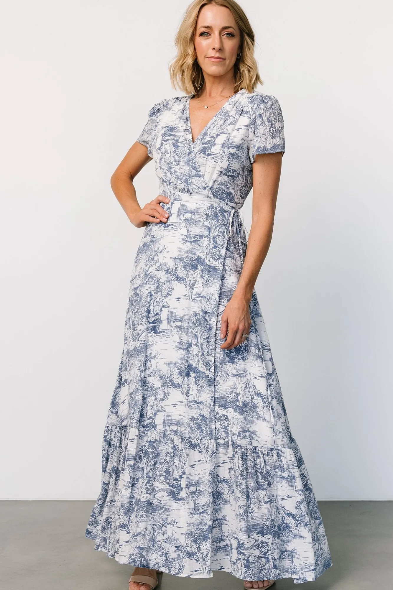 Baltic Born Dulce Wrap Maxi Dress | White + Blue Print