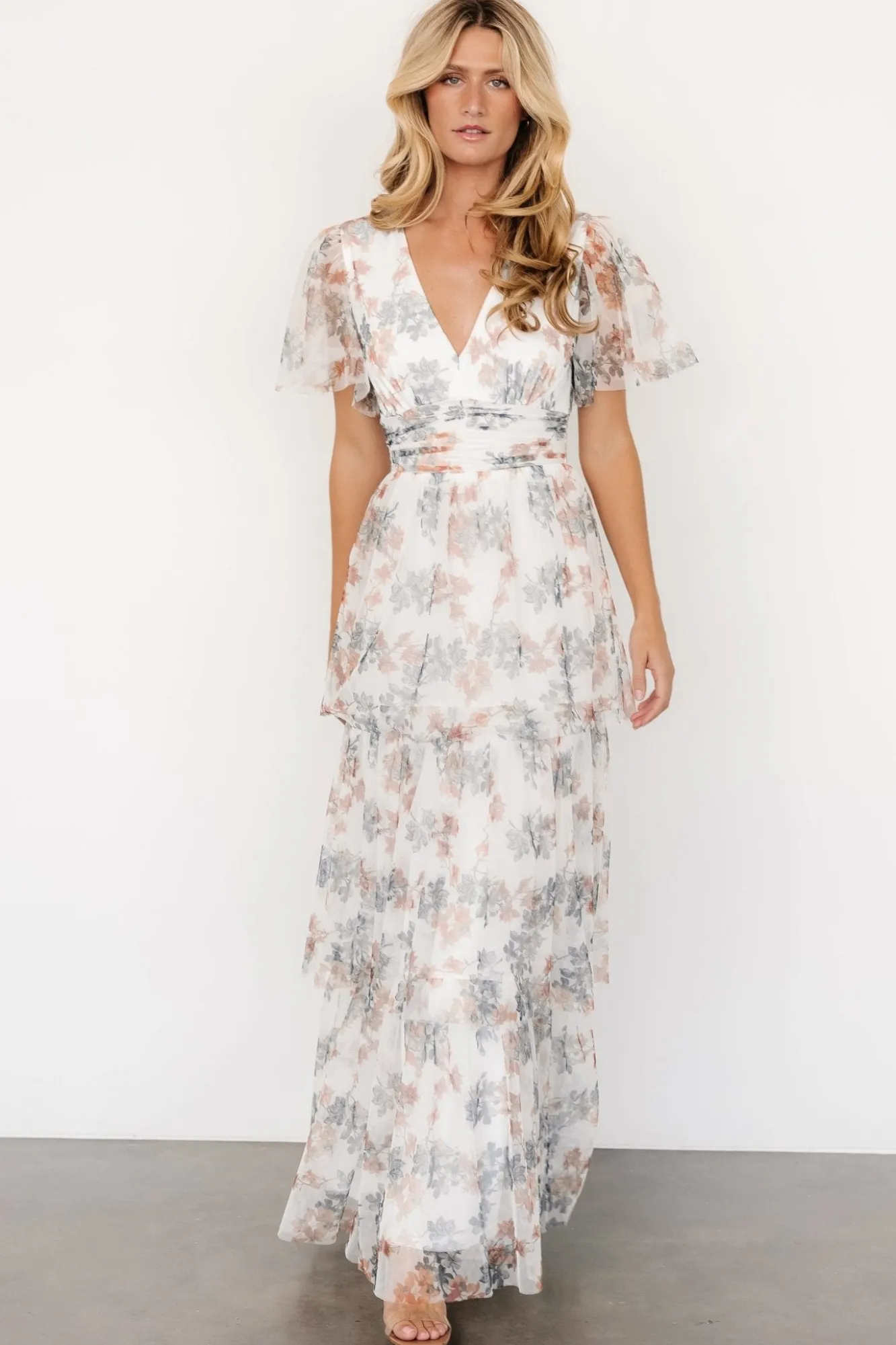 Baltic Born Elinor Tiered Tulle Dress | Off White + Peach Floral