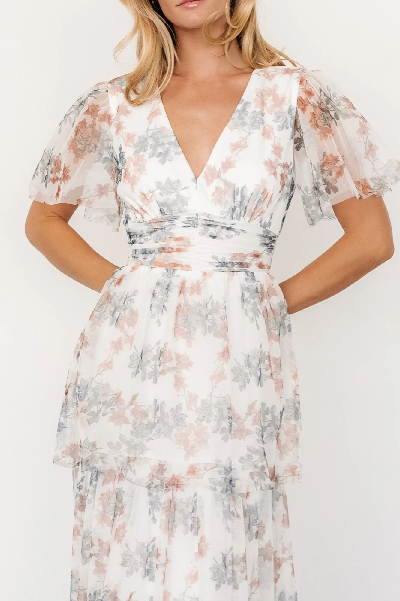 Baltic Born Elinor Tiered Tulle Dress | Off White + Peach Floral
