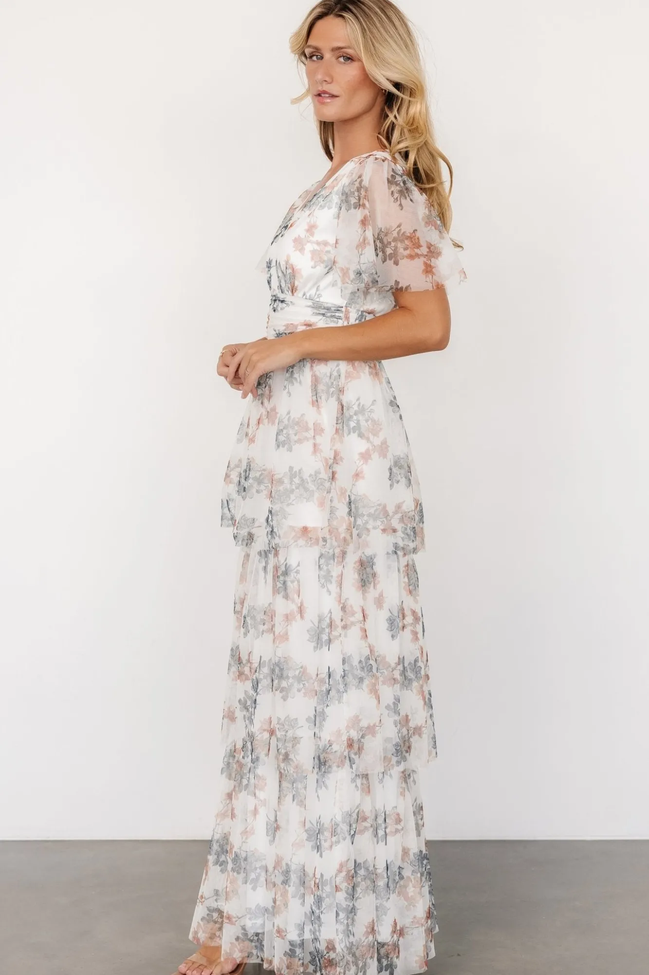Baltic Born Elinor Tiered Tulle Dress | Off White + Peach Floral