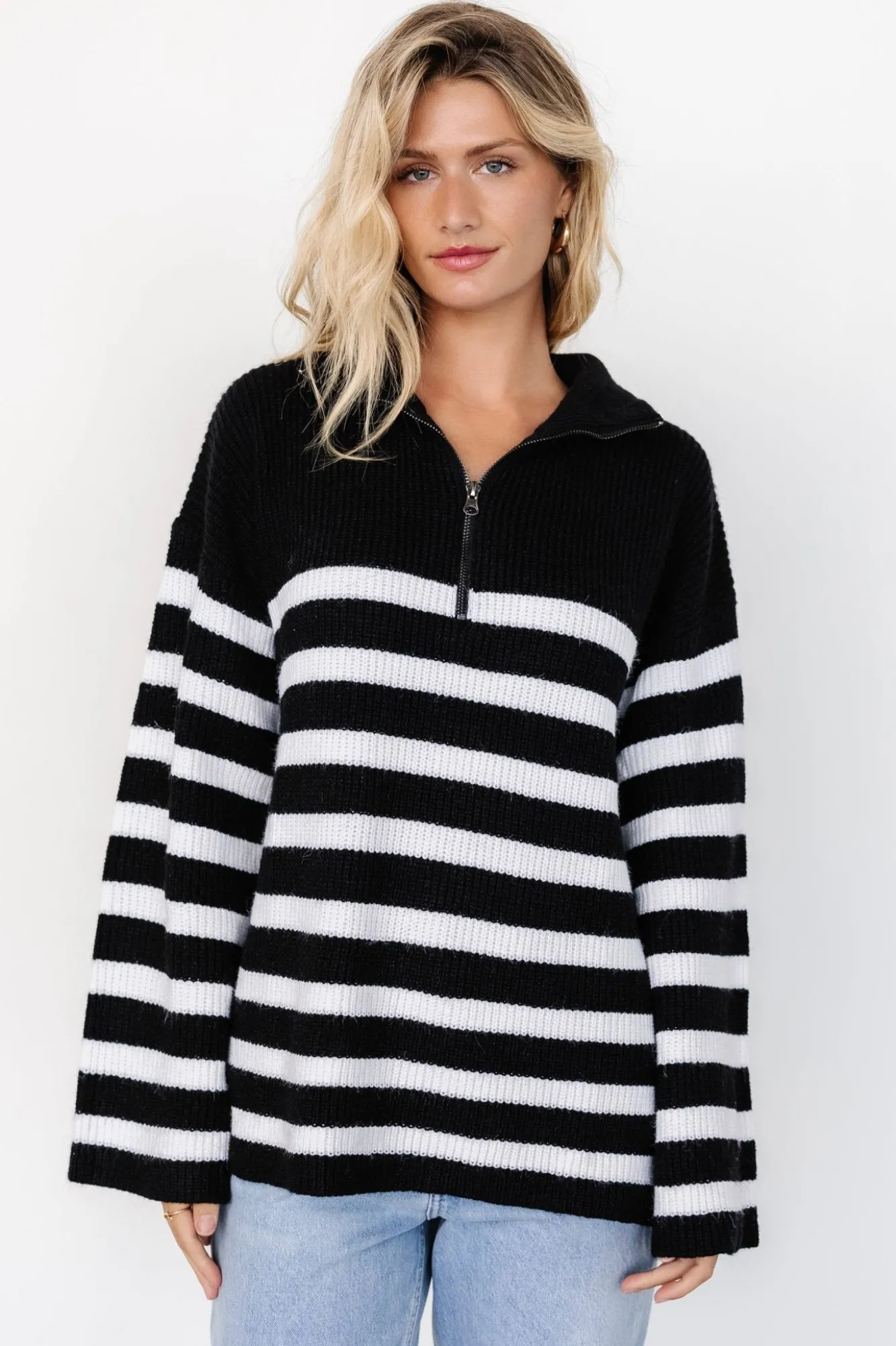 Baltic Born Elmer Striped Half Zip Sweater | Black + White