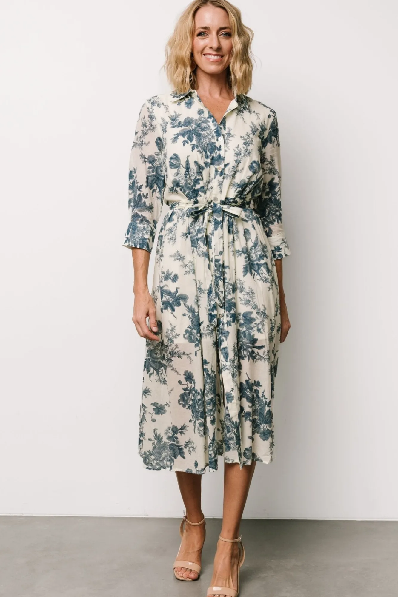 Baltic Born Eunice Button Midi Dress | Ivory + Blue Floral