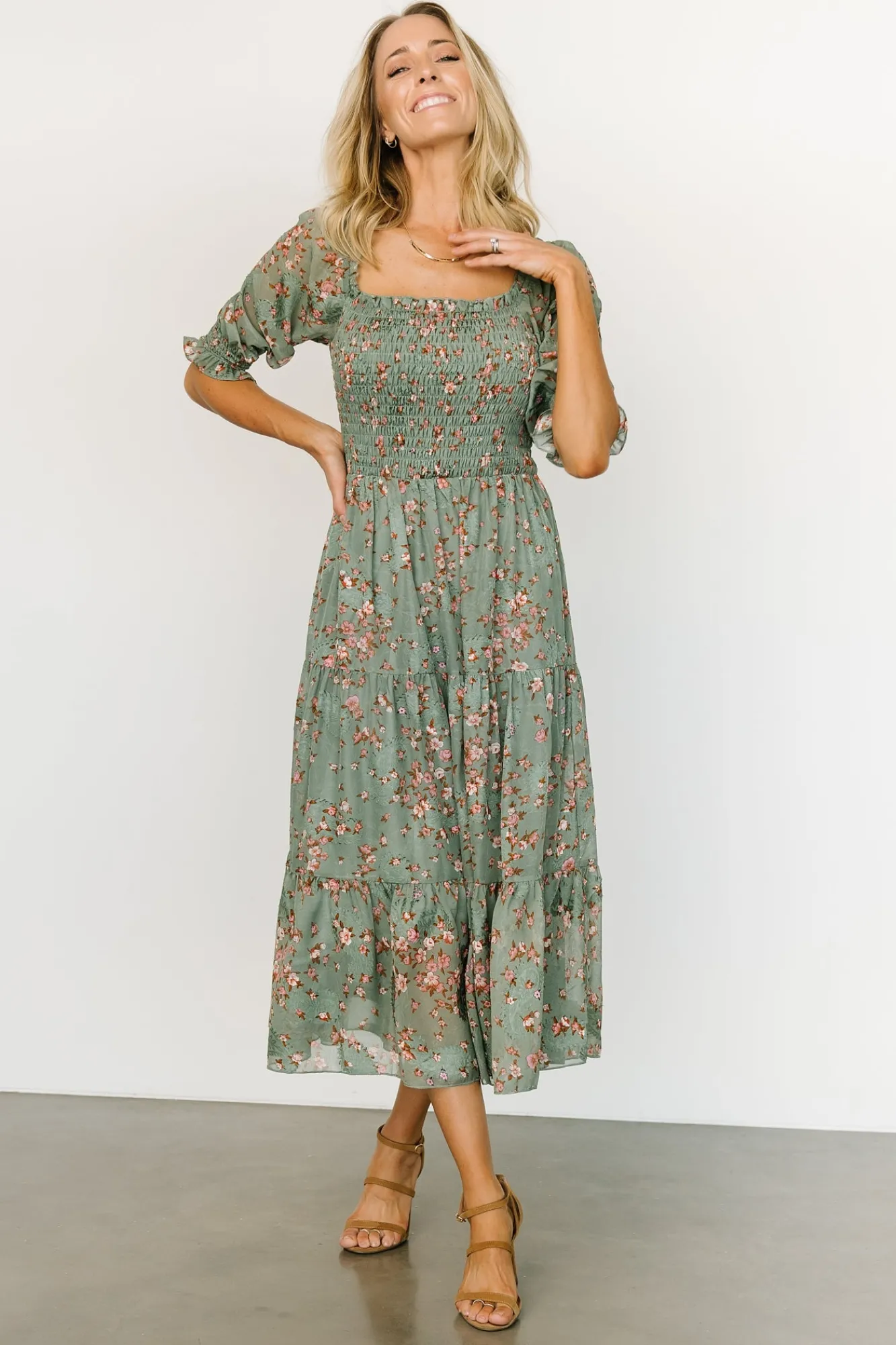 Baltic Born Fabian Jacquard Midi Dress | Eucalyptus + Pink