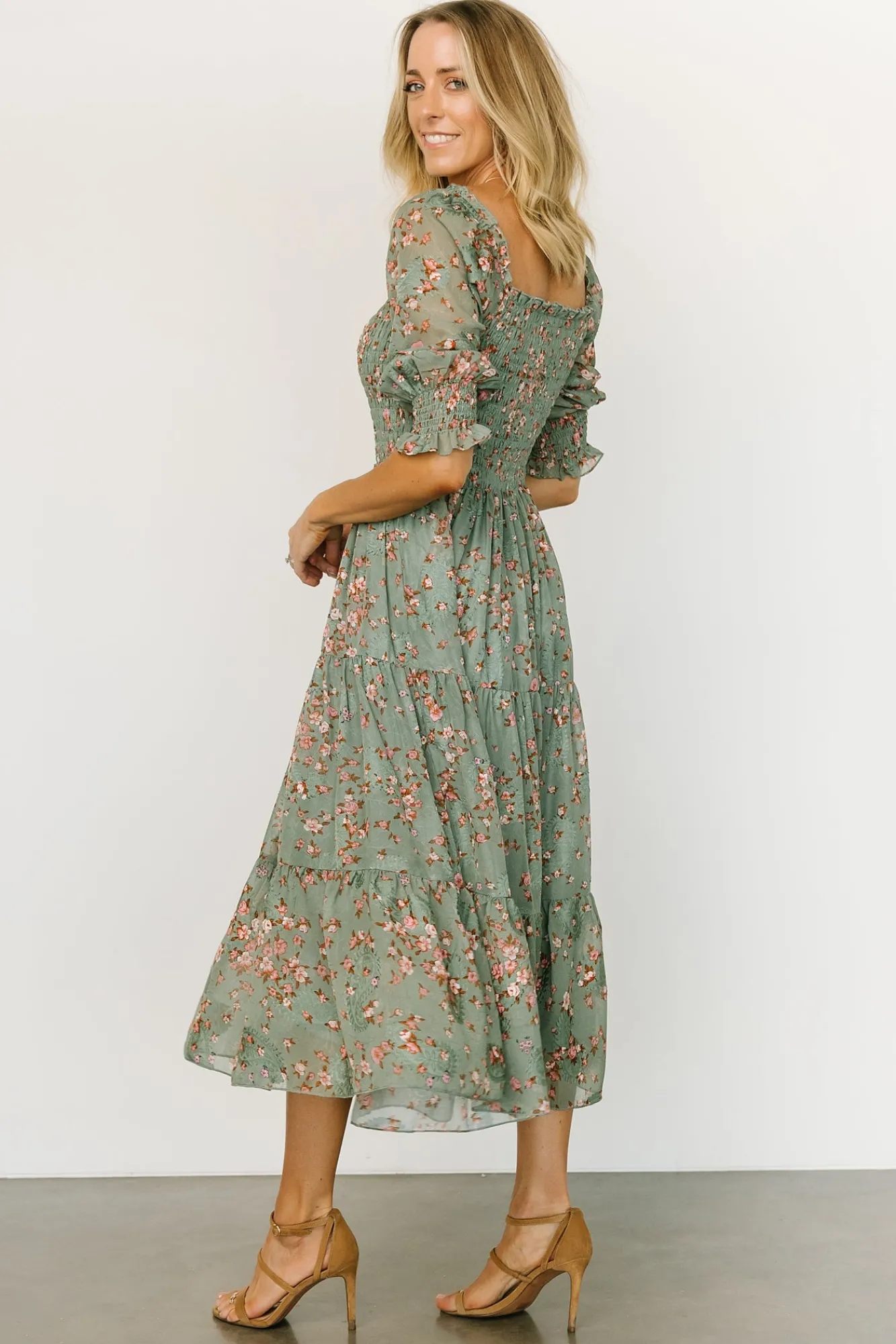 Baltic Born Fabian Jacquard Midi Dress | Eucalyptus + Pink