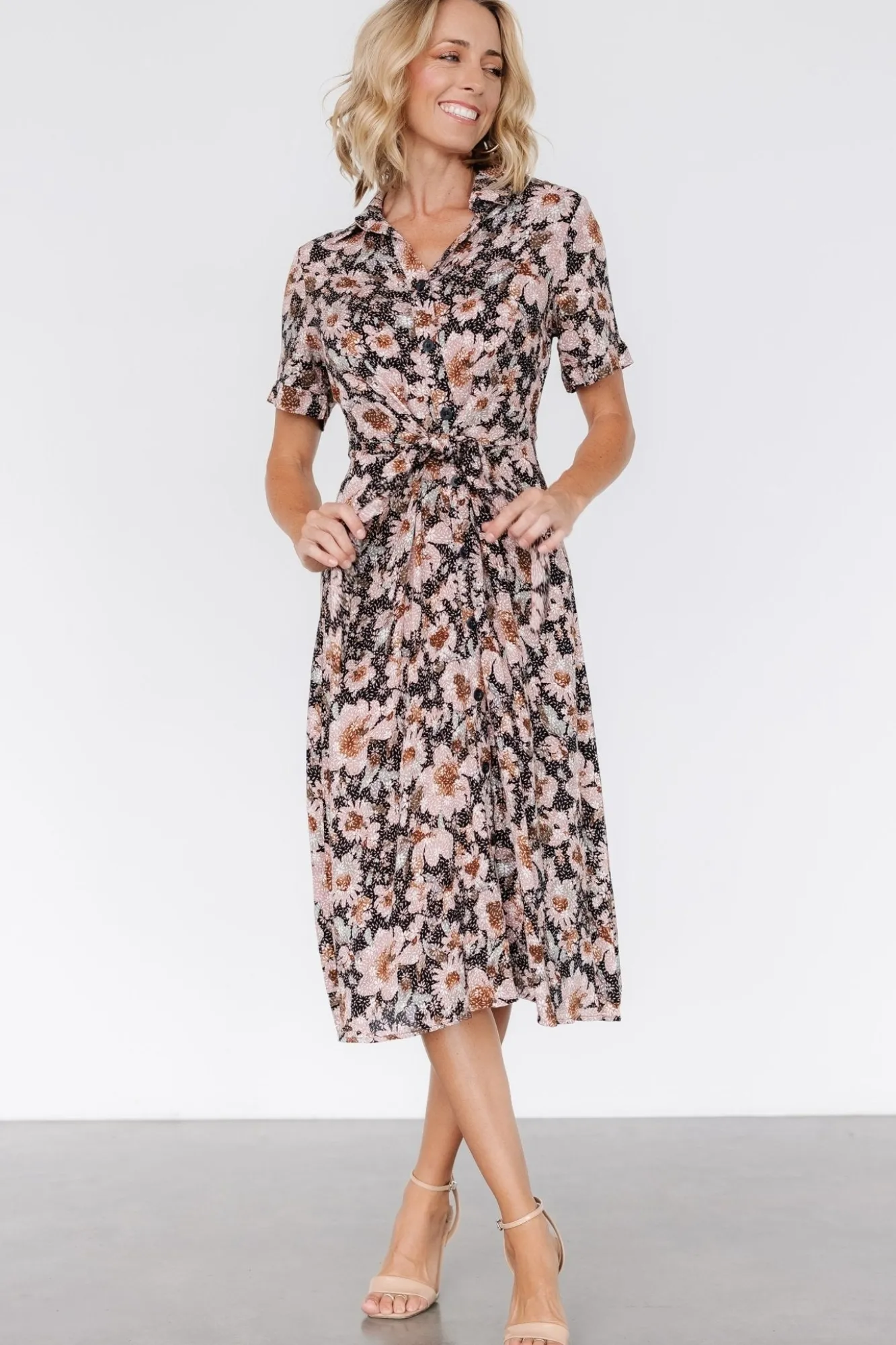 Baltic Born Feya Button Midi Dress | Black + Mauve Floral