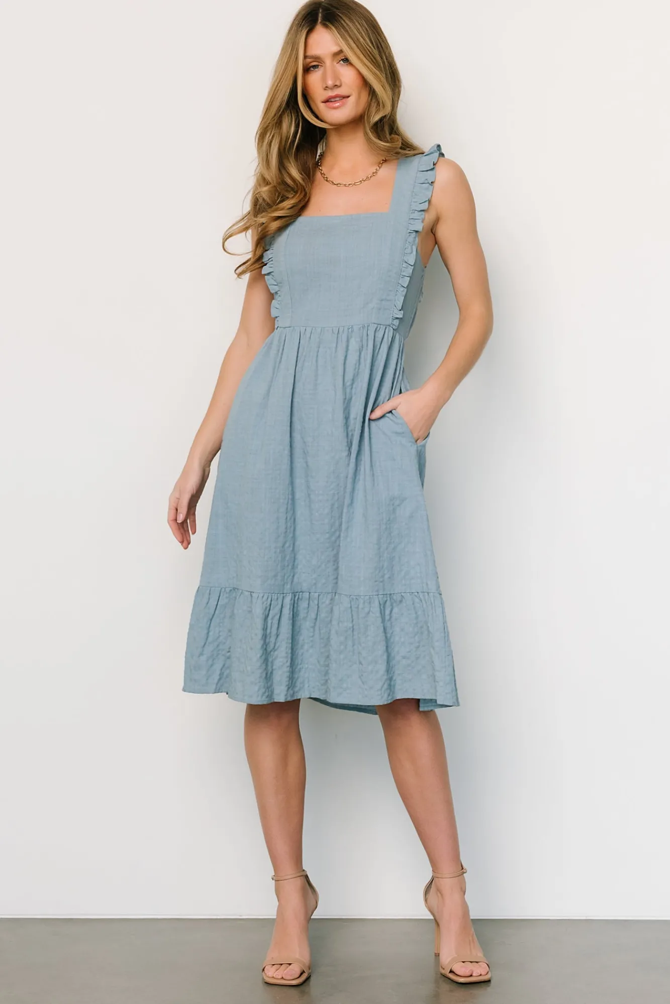 Baltic Born Gretta Ruffle Tie Back Midi Dress | Dusty Blue