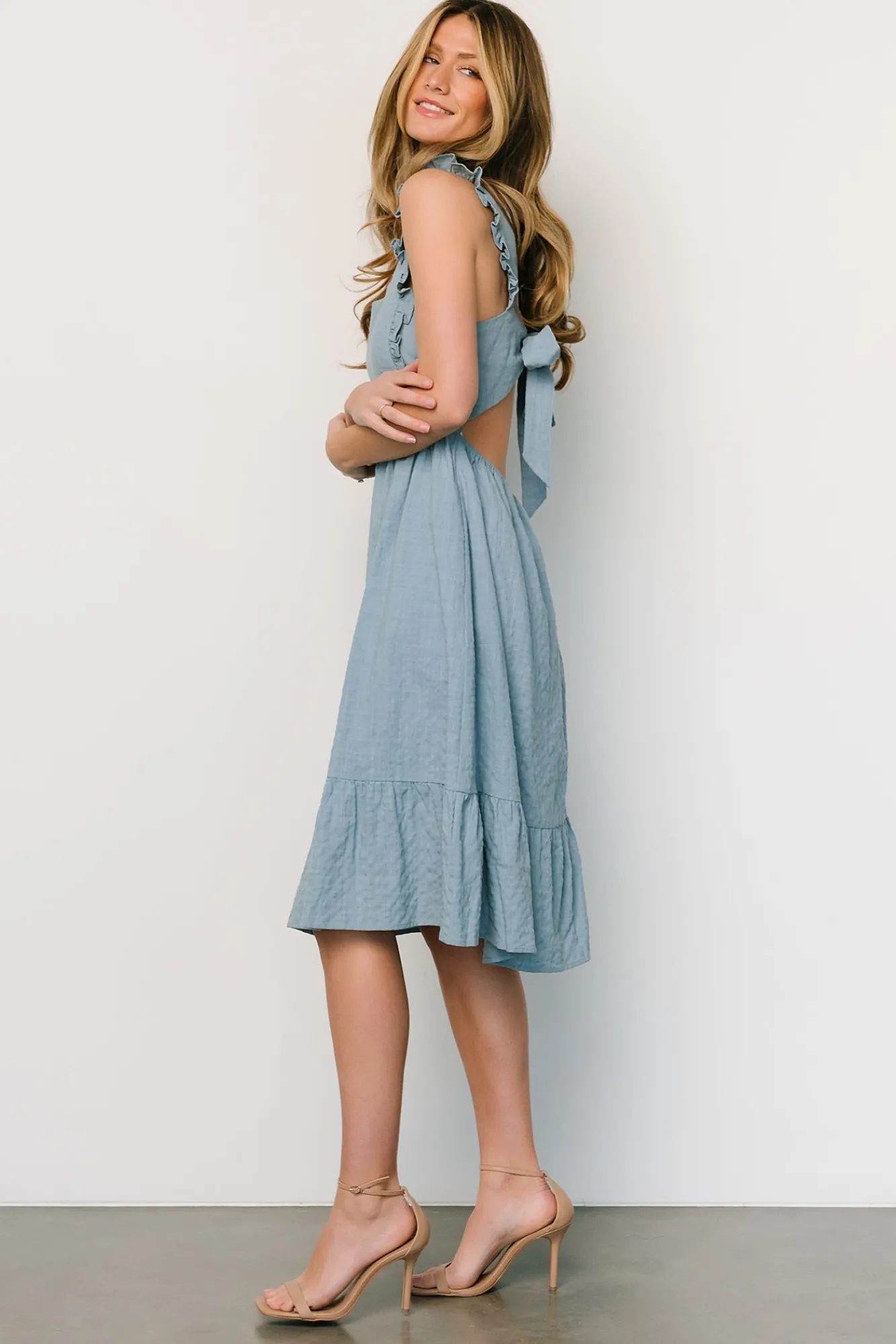 Baltic Born Gretta Ruffle Tie Back Midi Dress | Dusty Blue