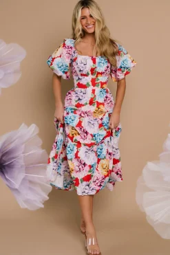 Baltic Born Iva Puff Sleeve Midi Dress | Red Multi Floral