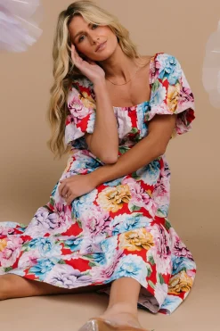 Baltic Born Iva Puff Sleeve Midi Dress | Red Multi Floral