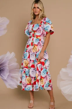 Baltic Born Iva Puff Sleeve Midi Dress | Red Multi Floral