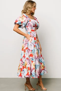 Baltic Born Iva Puff Sleeve Midi Dress | Red Multi Floral