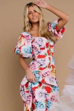Baltic Born Iva Puff Sleeve Midi Dress | Red Multi Floral
