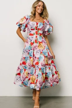 Baltic Born Iva Puff Sleeve Midi Dress | Red Multi Floral