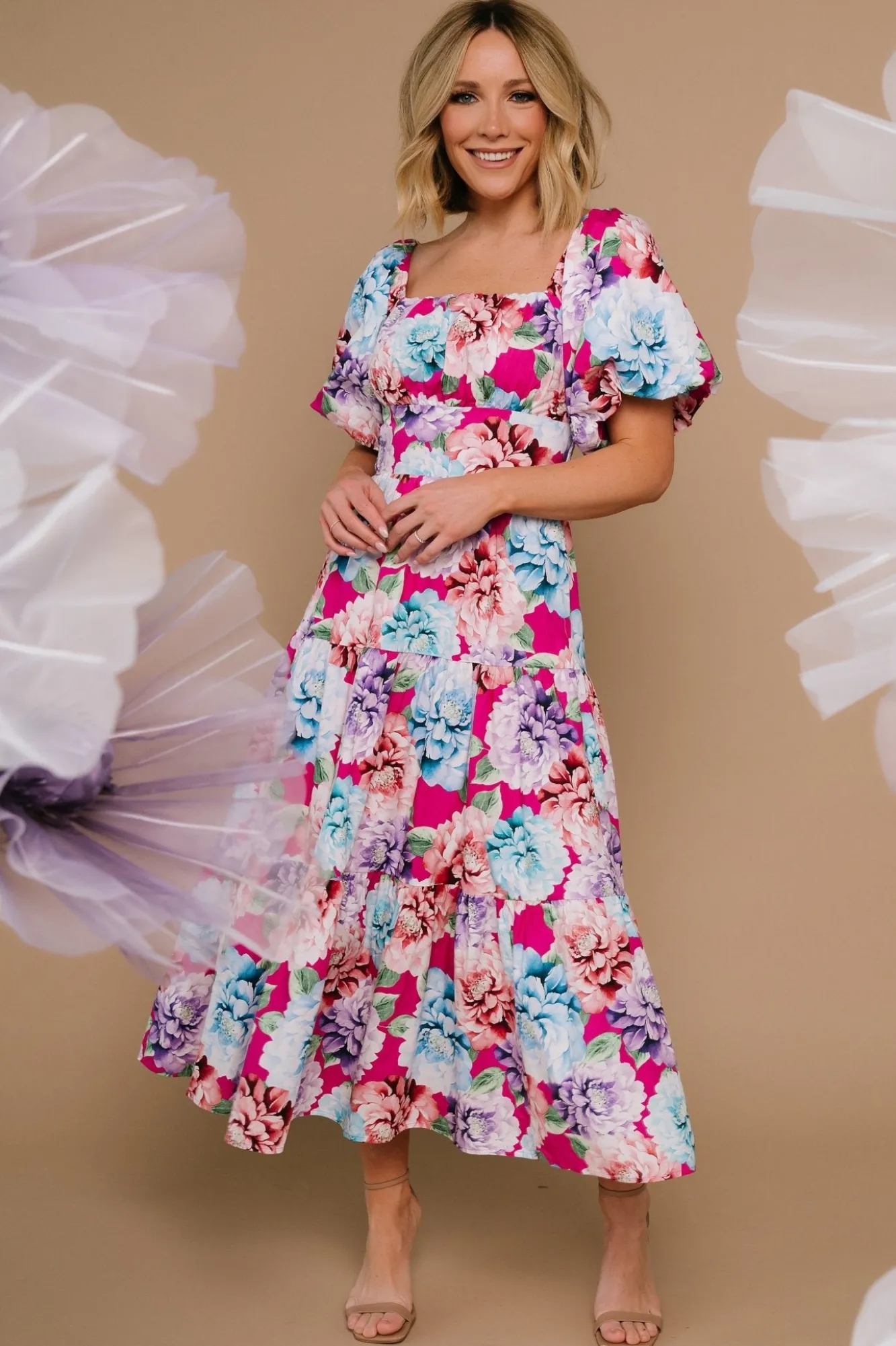 Baltic Born Iva Puff Sleeve Midi Dress | Fuchsia Multi Floral