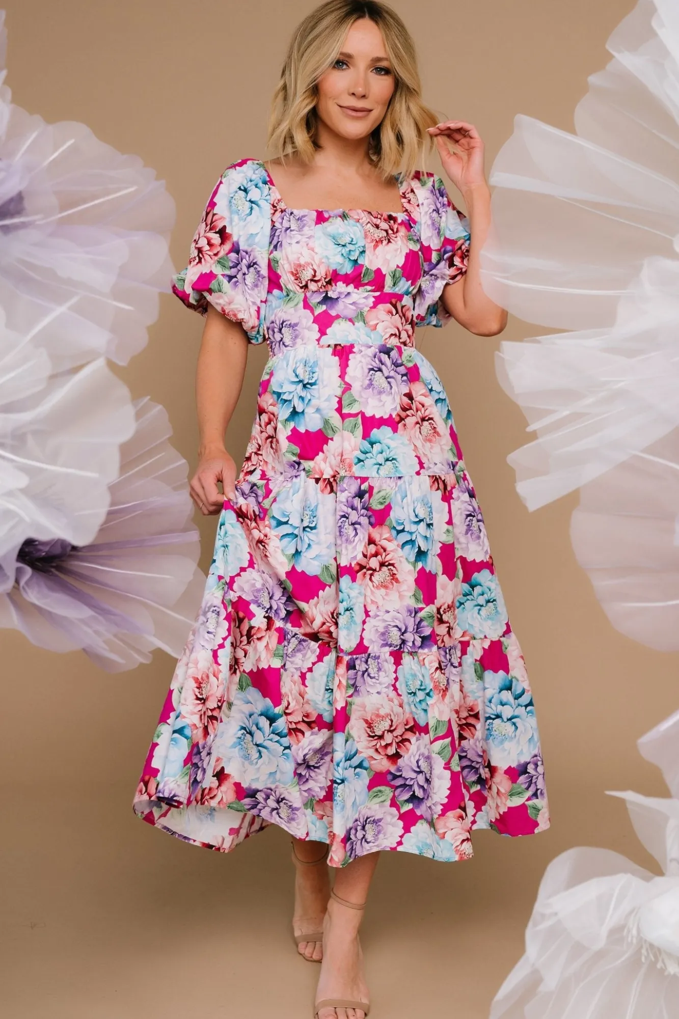 Baltic Born Iva Puff Sleeve Midi Dress | Fuchsia Multi Floral