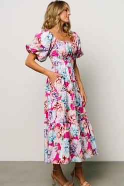 Baltic Born Iva Puff Sleeve Midi Dress | Fuchsia Multi Floral