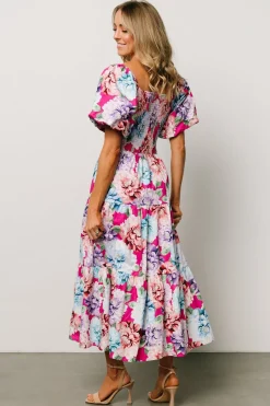 Baltic Born Iva Puff Sleeve Midi Dress | Fuchsia Multi Floral