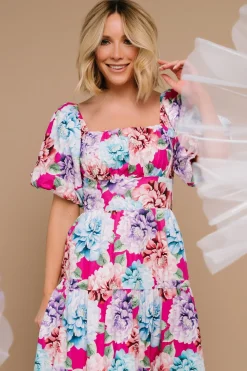 Baltic Born Iva Puff Sleeve Midi Dress | Fuchsia Multi Floral