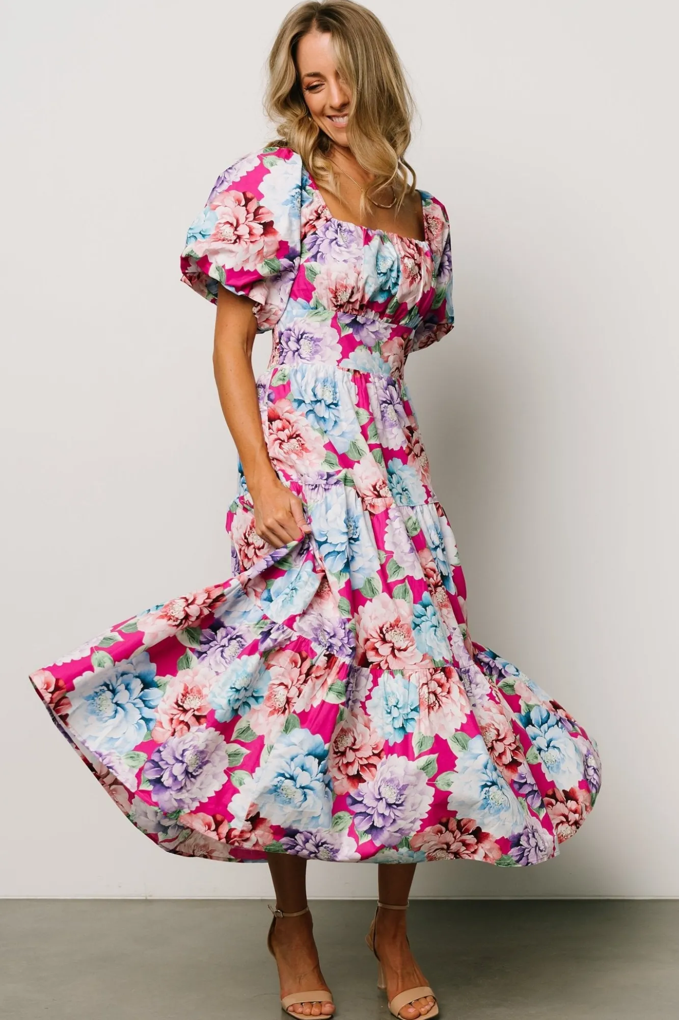 Baltic Born Iva Puff Sleeve Midi Dress | Fuchsia Multi Floral