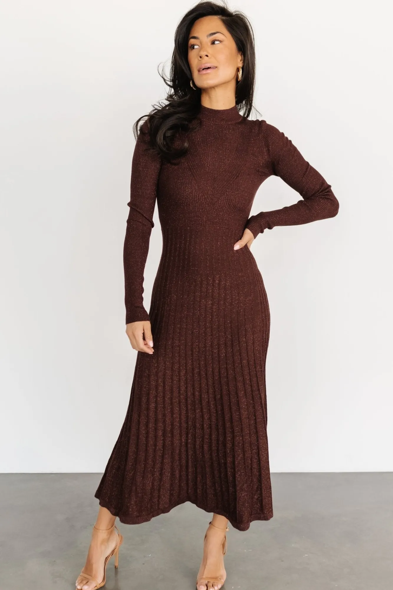 Baltic Born Jamelia Pleated Sweater Dress | Brown + Gold
