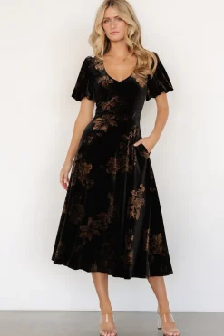 Baltic Born Janna Velvet Midi Dress | Black + Bronze Floral