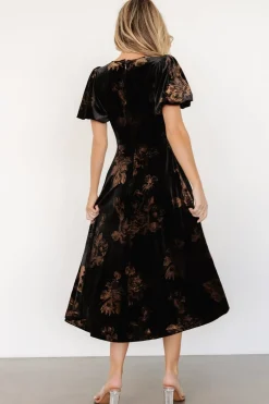 Baltic Born Janna Velvet Midi Dress | Black + Bronze Floral