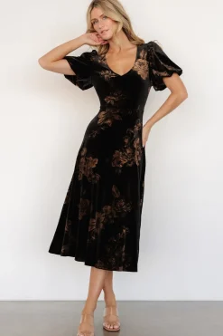Baltic Born Janna Velvet Midi Dress | Black + Bronze Floral