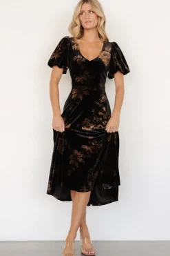 Baltic Born Janna Velvet Midi Dress | Black + Bronze Floral
