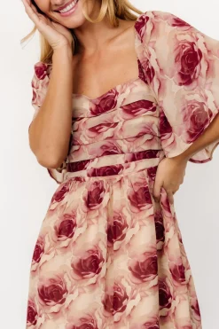 Baltic Born Jaycee Pleated Short Dress | Cream + Burgundy Floral