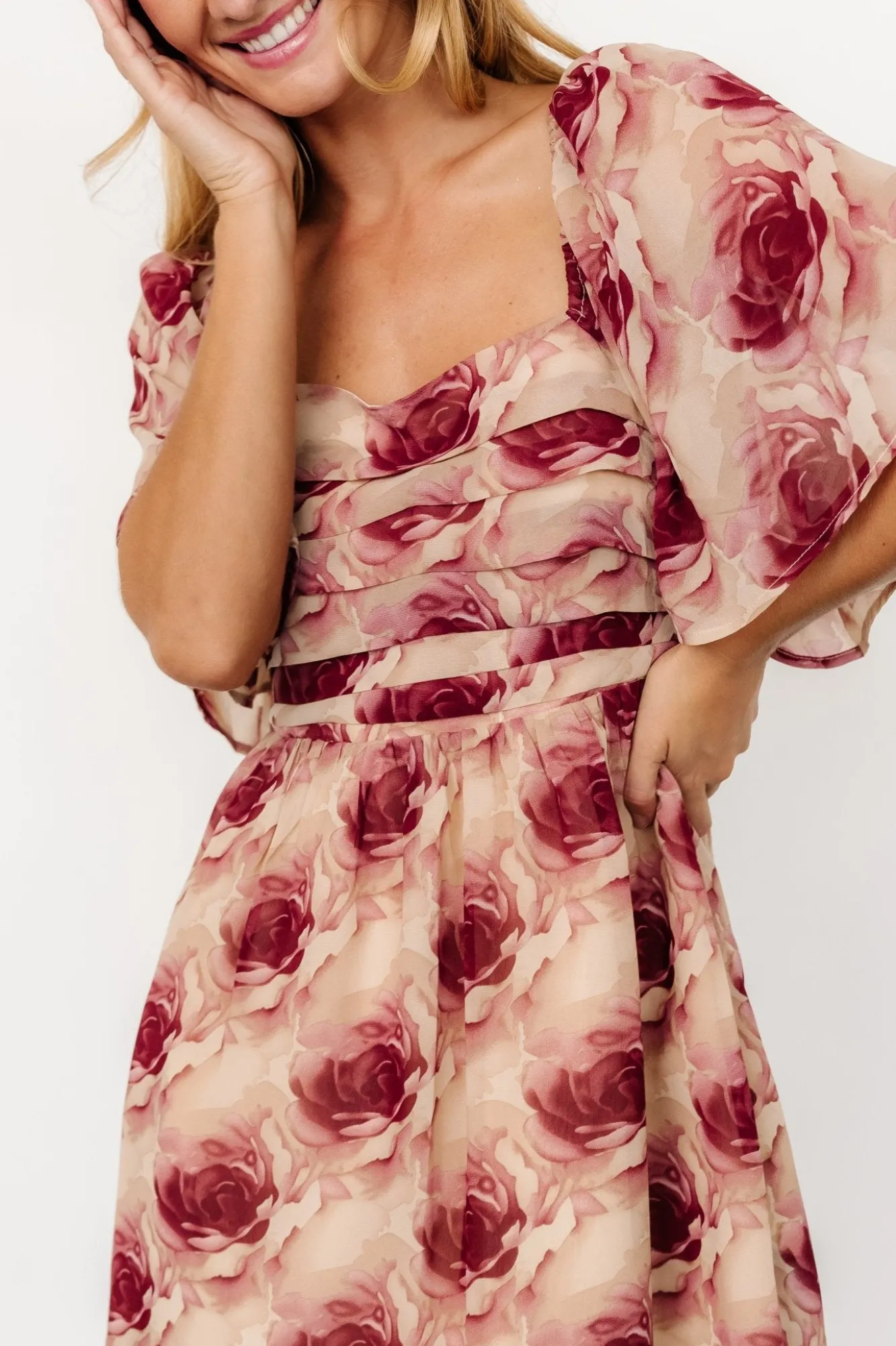 Baltic Born Jaycee Pleated Short Dress | Cream + Burgundy Floral