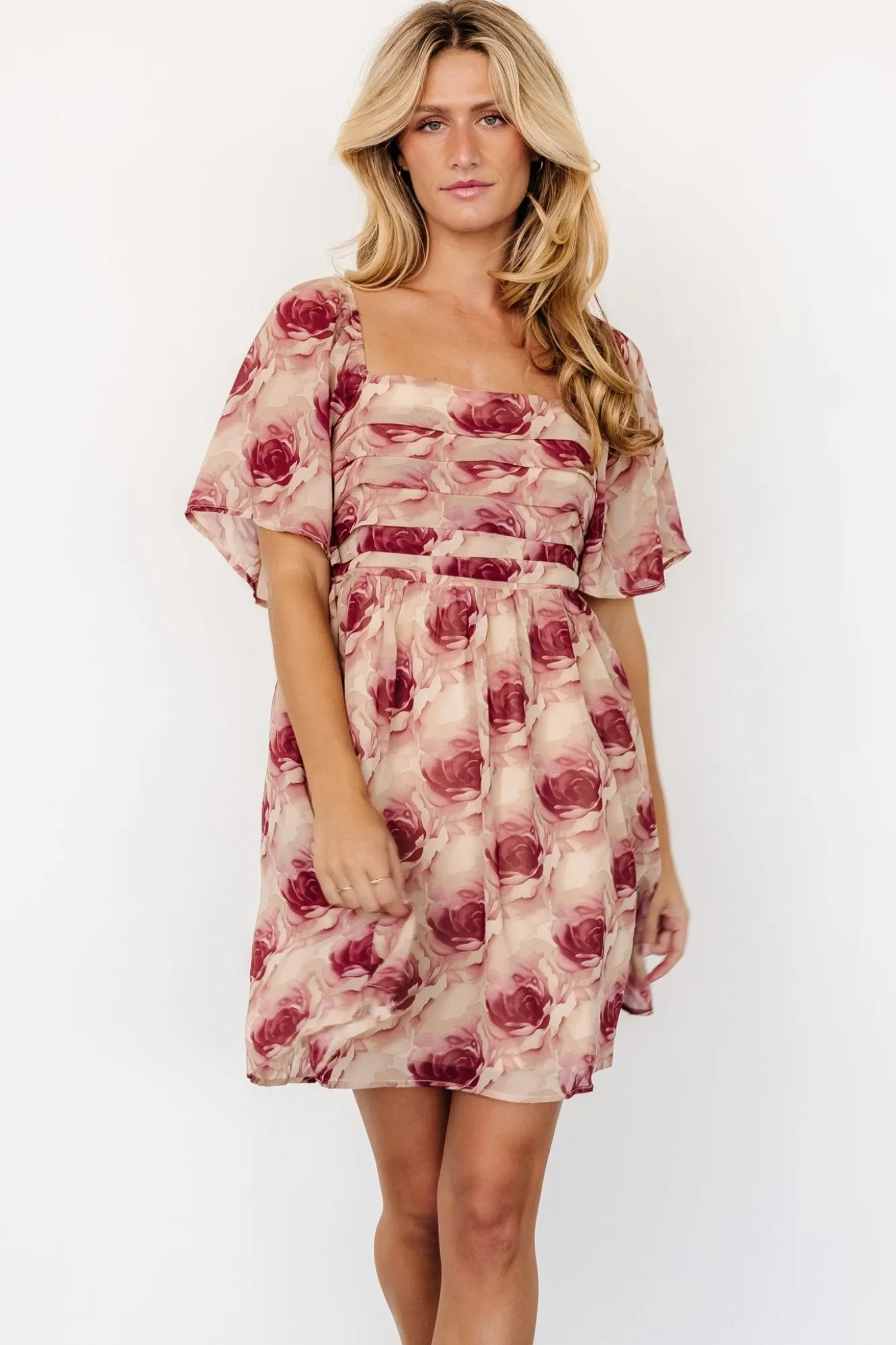 Baltic Born Jaycee Pleated Short Dress | Cream + Burgundy Floral
