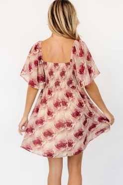 Baltic Born Jaycee Pleated Short Dress | Cream + Burgundy Floral