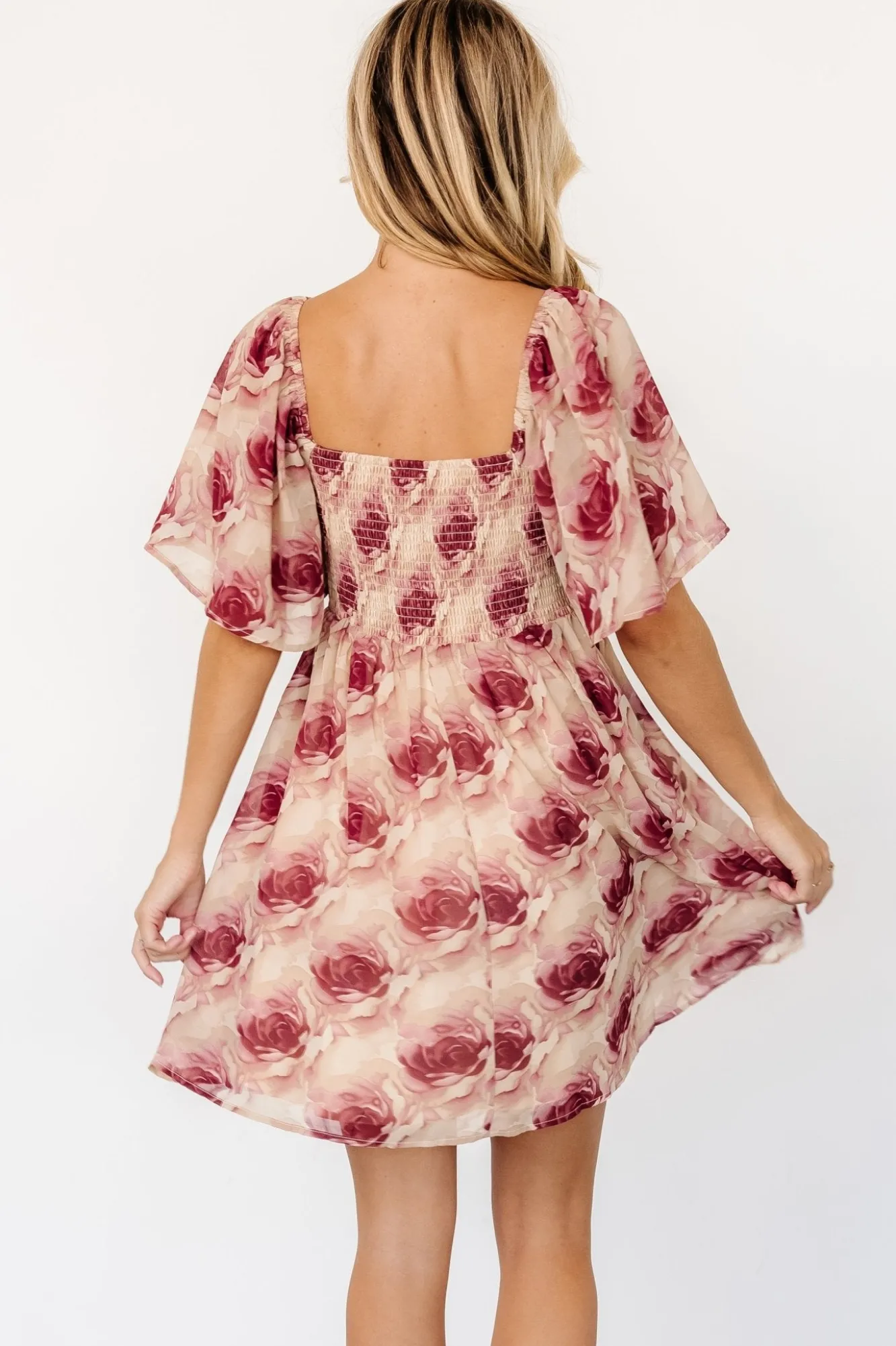 Baltic Born Jaycee Pleated Short Dress | Cream + Burgundy Floral
