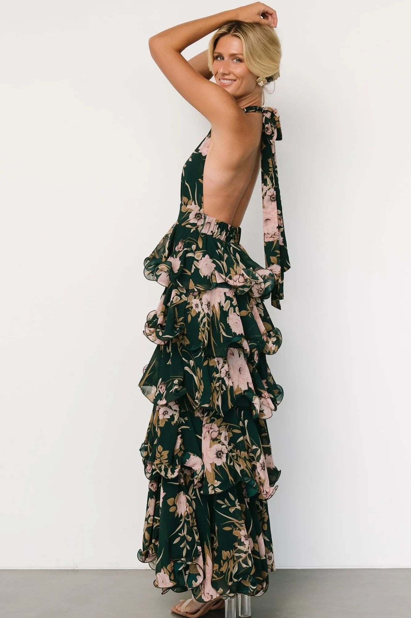 Baltic Born Jesslyn Open Back Tiered Maxi Dress | Green + Pink