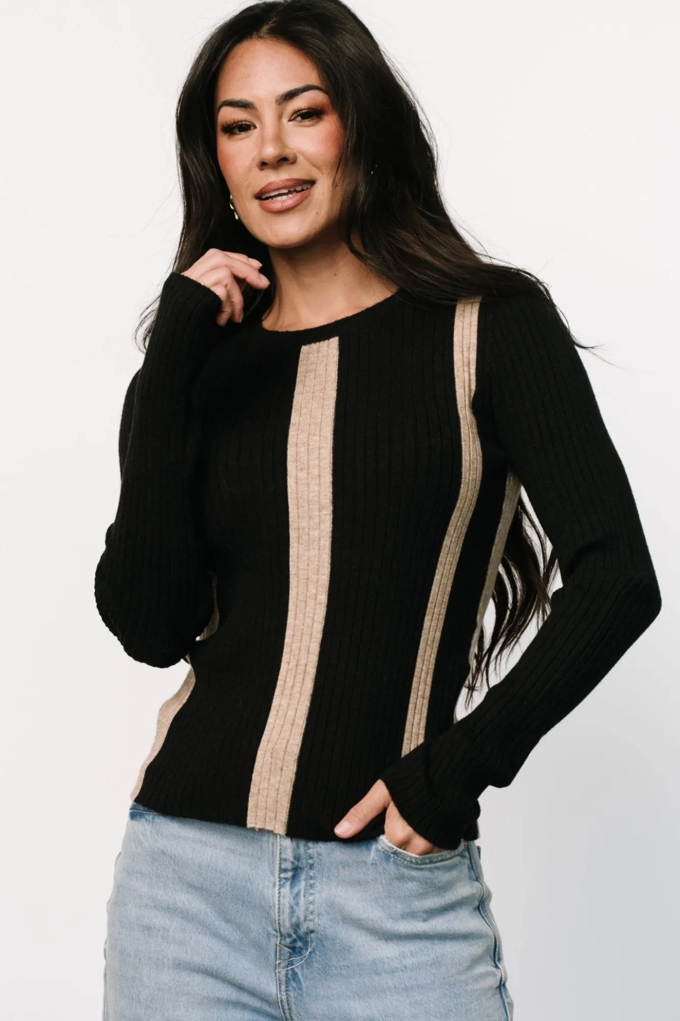 Baltic Born Jolene Ribbed Sweater Top | Black + Tan Stripe