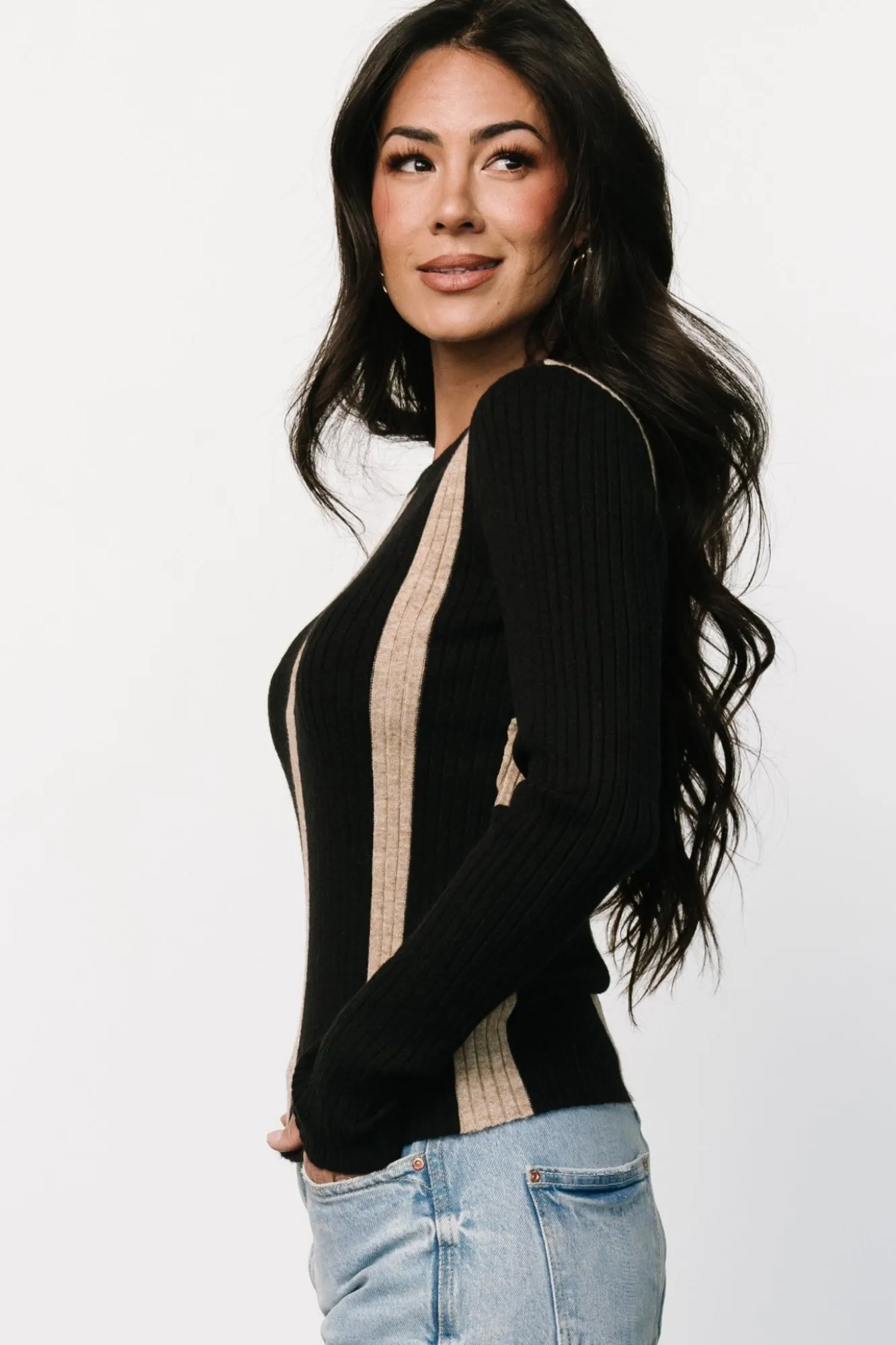 Baltic Born Jolene Ribbed Sweater Top | Black + Tan Stripe