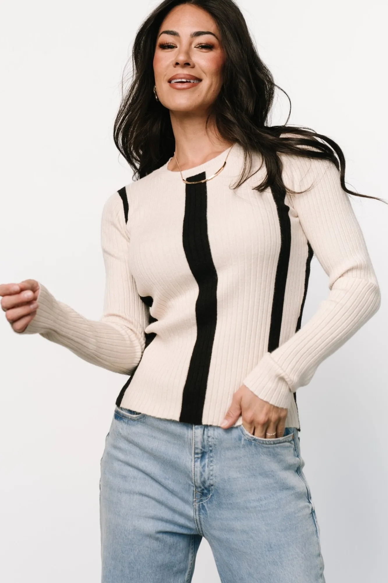 Baltic Born Jolene Ribbed Sweater Top | Natural + Black Stripe